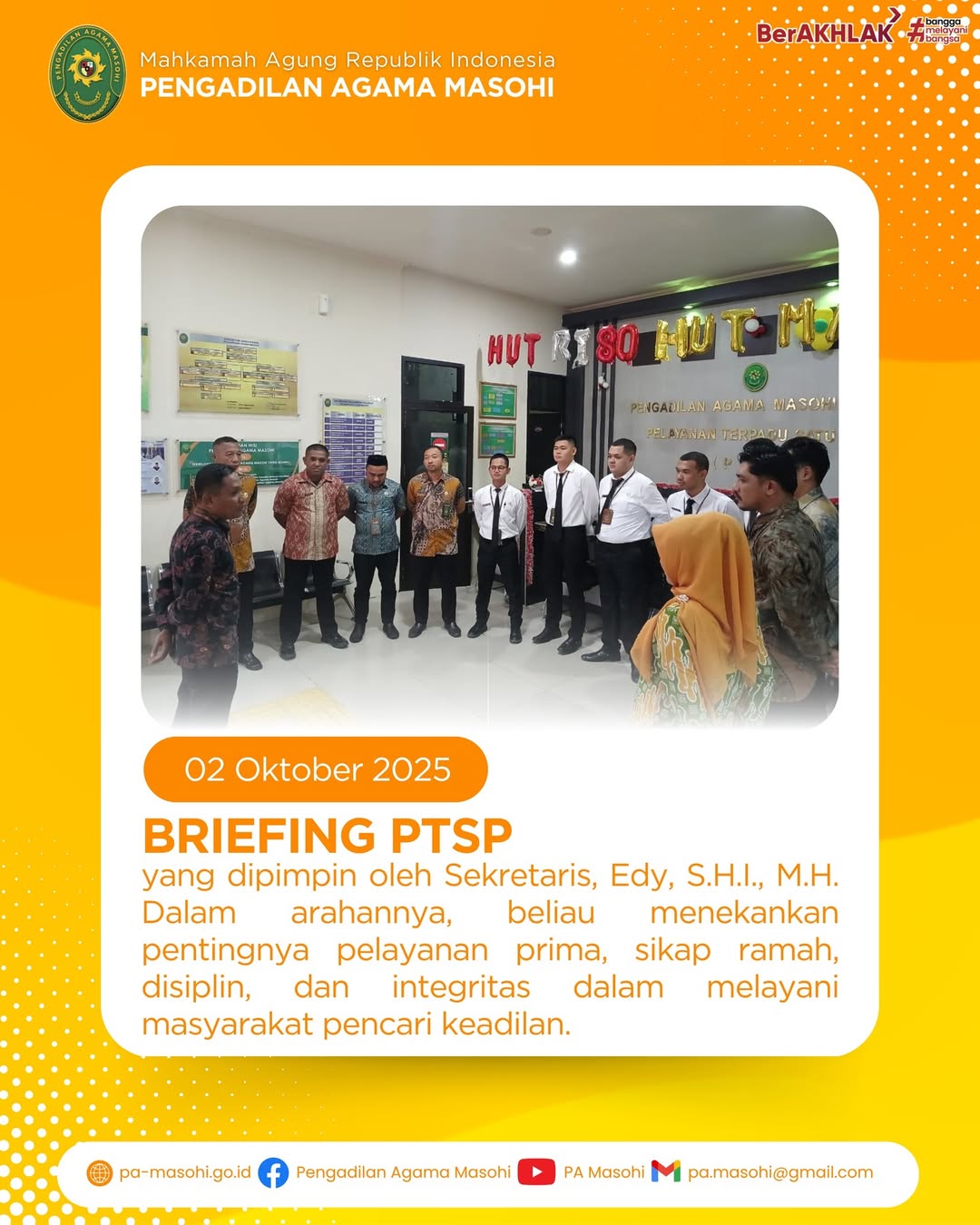Masohi 02 Oktober 2025 Pengadilan Agama Masohi kembali melaksanakan kegiatan rutin briefing PT